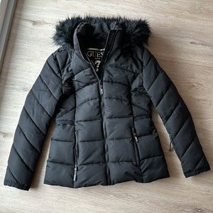 Guess Faux Fur Trim Hooded Puffer Jacket